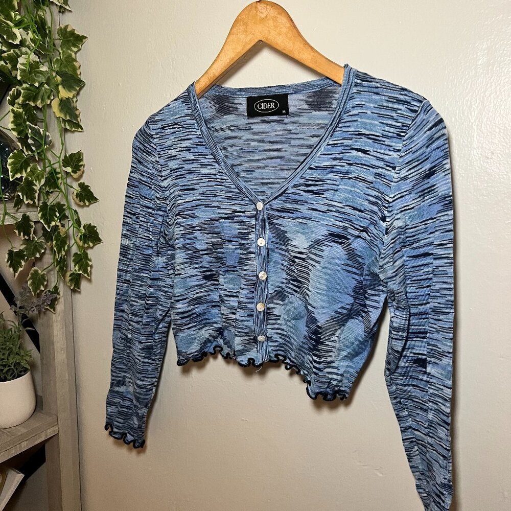 Cider Blue Abstract Knit Crop Cardigan Top Medium